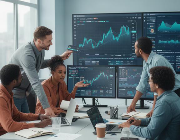 Diverse team of crypto analysts reviewing forecast cards and market data on multiple screens in a modern office