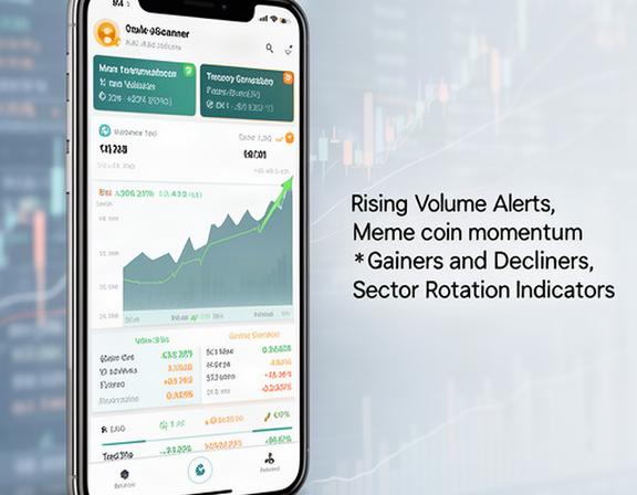 Real-time trending coin scanner on mobile phone displaying rising volume alerts and meme coin momentum metrics